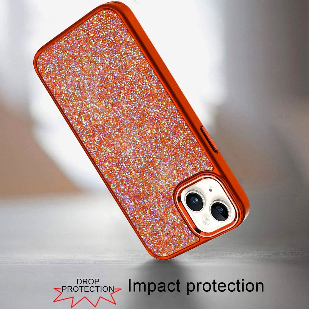 Phone Case for iPhone 15 (6.1") Crystal Glass Bling Diamond Metallic Edge Shockproof Durable Protective Clear Hybrid Stylish Premium Design Cover Cosmic Orange