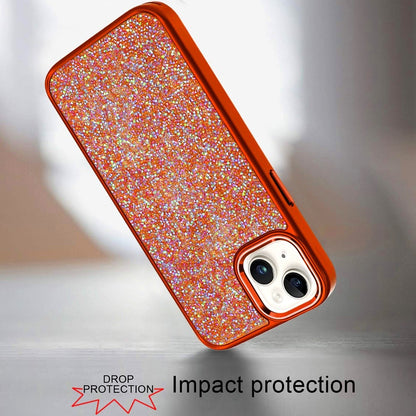 Phone Case for iPhone 15 (6.1") Crystal Glass Bling Diamond Metallic Edge Shockproof Durable Protective Clear Hybrid Stylish Premium Design Cover Cosmic Orange