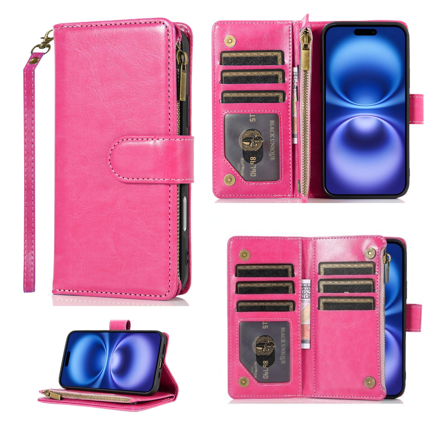 Phone Case for Apple iPhone 16 Luxury Leather Wallet Card Holder Zipper Pocket Money Storage Protective Grip Design with Strap Cover Hot Pink