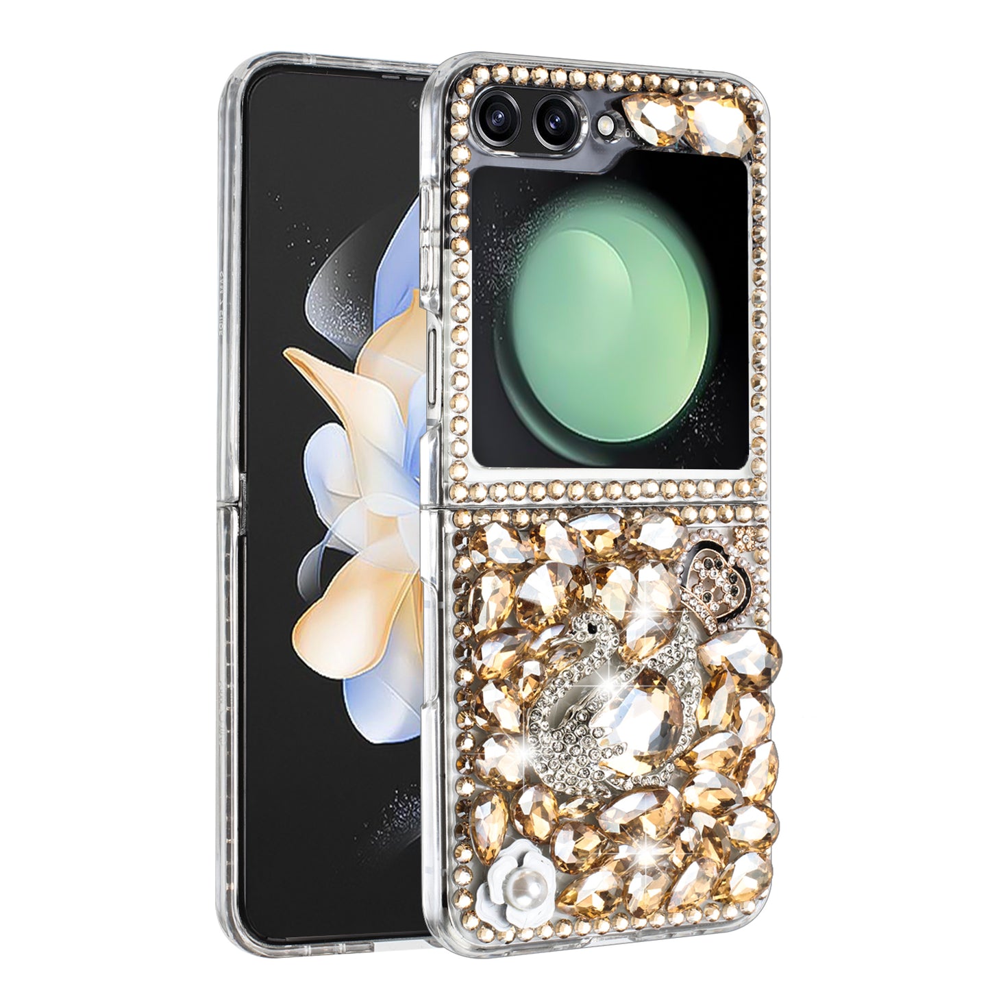 For Samsung Galaxy Z Fold 7 Bling Crystal 3D Full Diamonds Luxury Sparkle Rhinestone Hybrid Protective Case Cover Gold Swan Crown Pearl