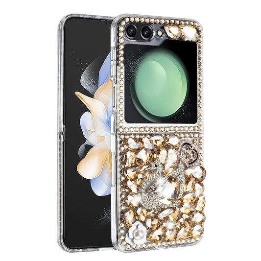 For Samsung Galaxy Z Flip 7 FE Bling Crystal 3D Full Diamonds Luxury Sparkle Rhinestone Hybrid Protective Case Cover Gold Swan Crown Pearl