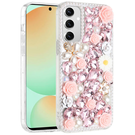 For Samsung Galaxy S24 Fan Edition /Galaxy S24 FE Fashion Rose Flower Floral Bling Crystal 3D Full Diamonds Pearl Sparkle Rhinestone Glitter Hybrid Case Cover Pink