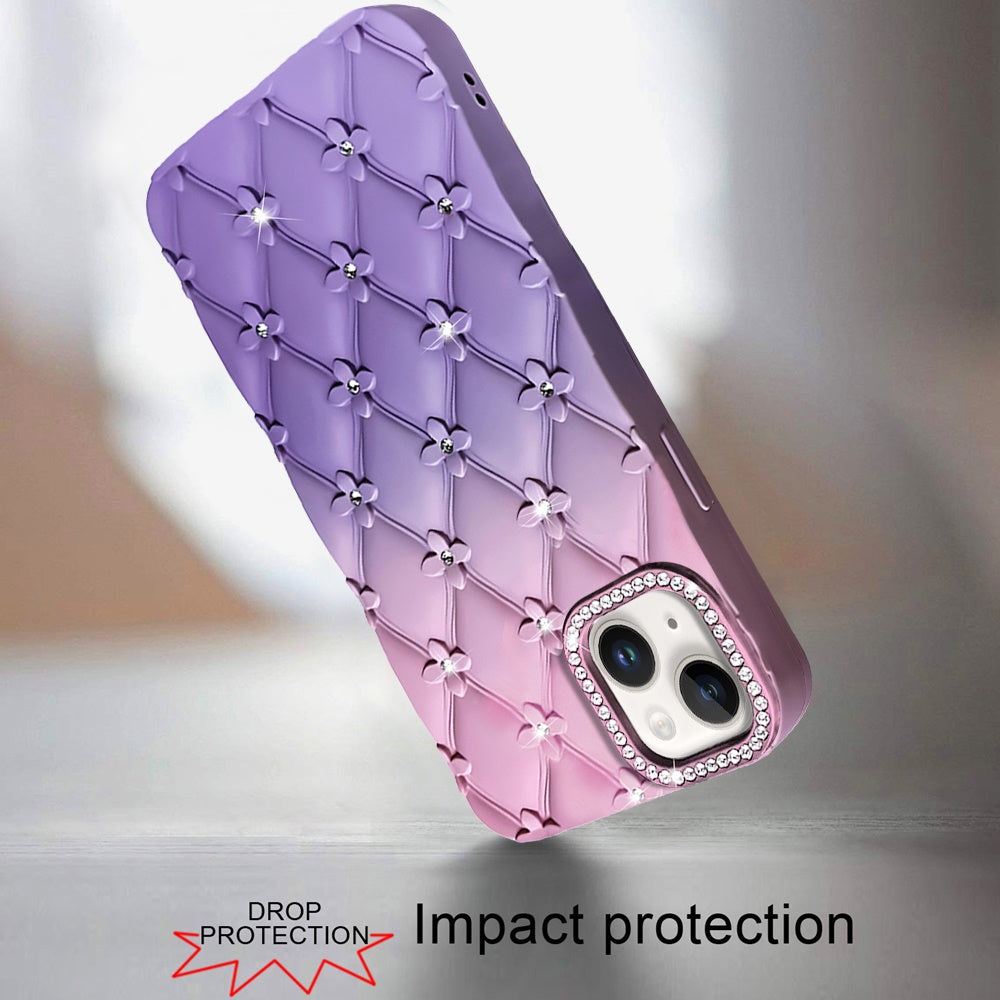 For Samsung Galaxy S25 Ultra Fashion Flower Design Sparkle Glitter Shimmer Rhinestone Bling Floral Accents, Leather Texture TPU Case Cover Light Pink /Light Purple