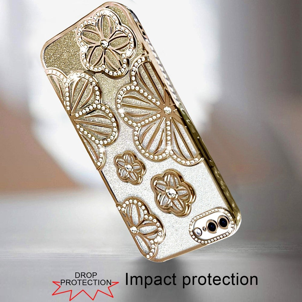 For Apple iPhone 8 Plus/7 Plus Luxury Floral Design Sparkle Glitter Diamond Crystal Rhinestone Shimmer Bling Plating Thick TPU Hard PC Case Cover