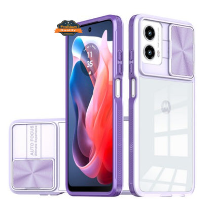 For Motorola Moto G 5G 2025 Hybrid Slim Case with Slide Camera Protector, Shockproof TPU Clear Back & Color Frame Bumper Case Cover