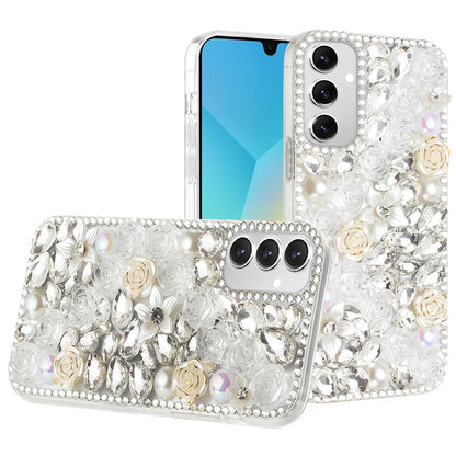 For Samsung Galaxy S26 Ultra Fashion Rose Flower Floral, 3D Bling Crystal Full Diamonds Pearl Sparkle Rhinestone Glitter Hybrid Case Cover