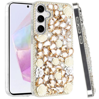 For Samsung Galaxy A36 Fashion Rose Flower Floral Bling Crystal 3D Full Diamonds Pearl Sparkle Rhinestone Glitter Hybrid Case Cover