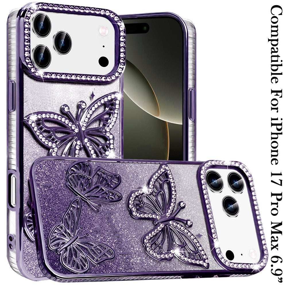 Phone Case for Apple iPhone 17 Pro Max (6.9") Butterfly Freedom Shimmer Glitter Thick TPU Shockproof Anti Slip Durable Protective Design Cover