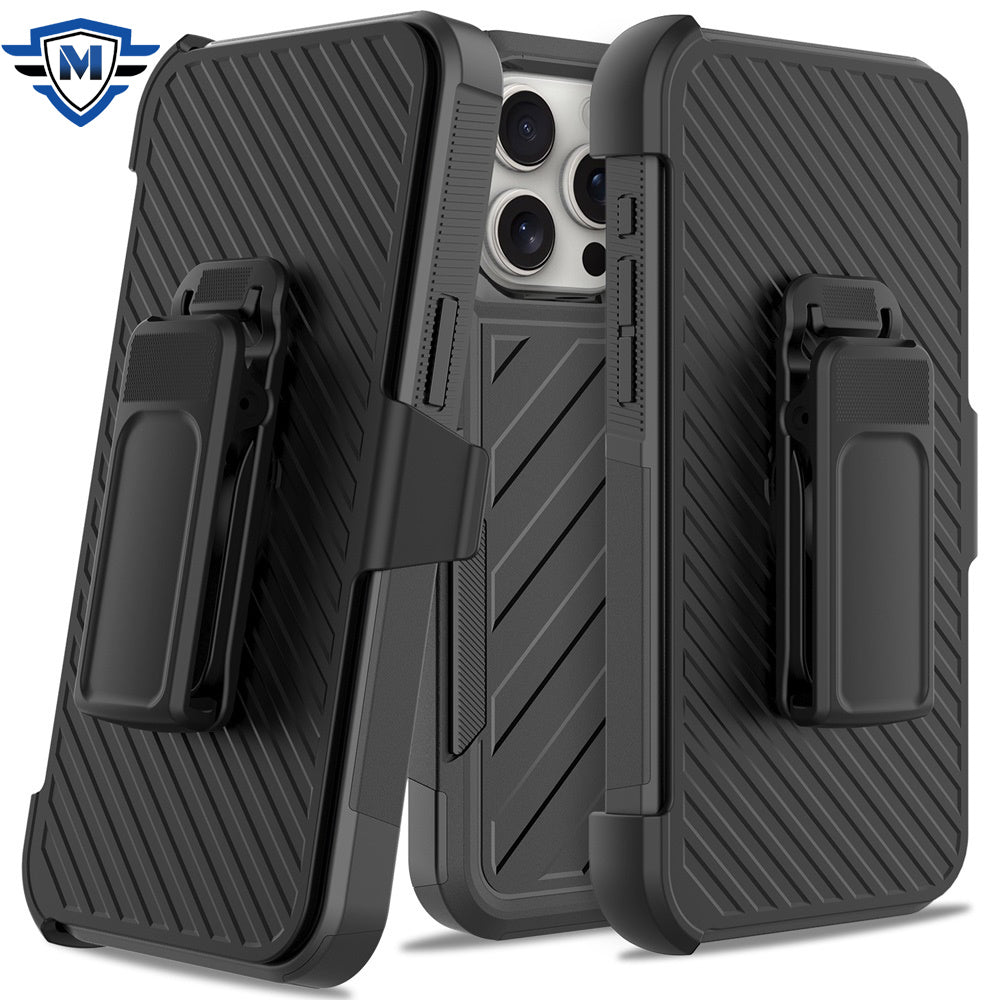 For Apple iPhone 16 Plus (6.7") Premium Design Hybrid lined with Belt Clip Holster Shockproof Rugged Textured 2in1 Non Slip Tough Case Cover Gray