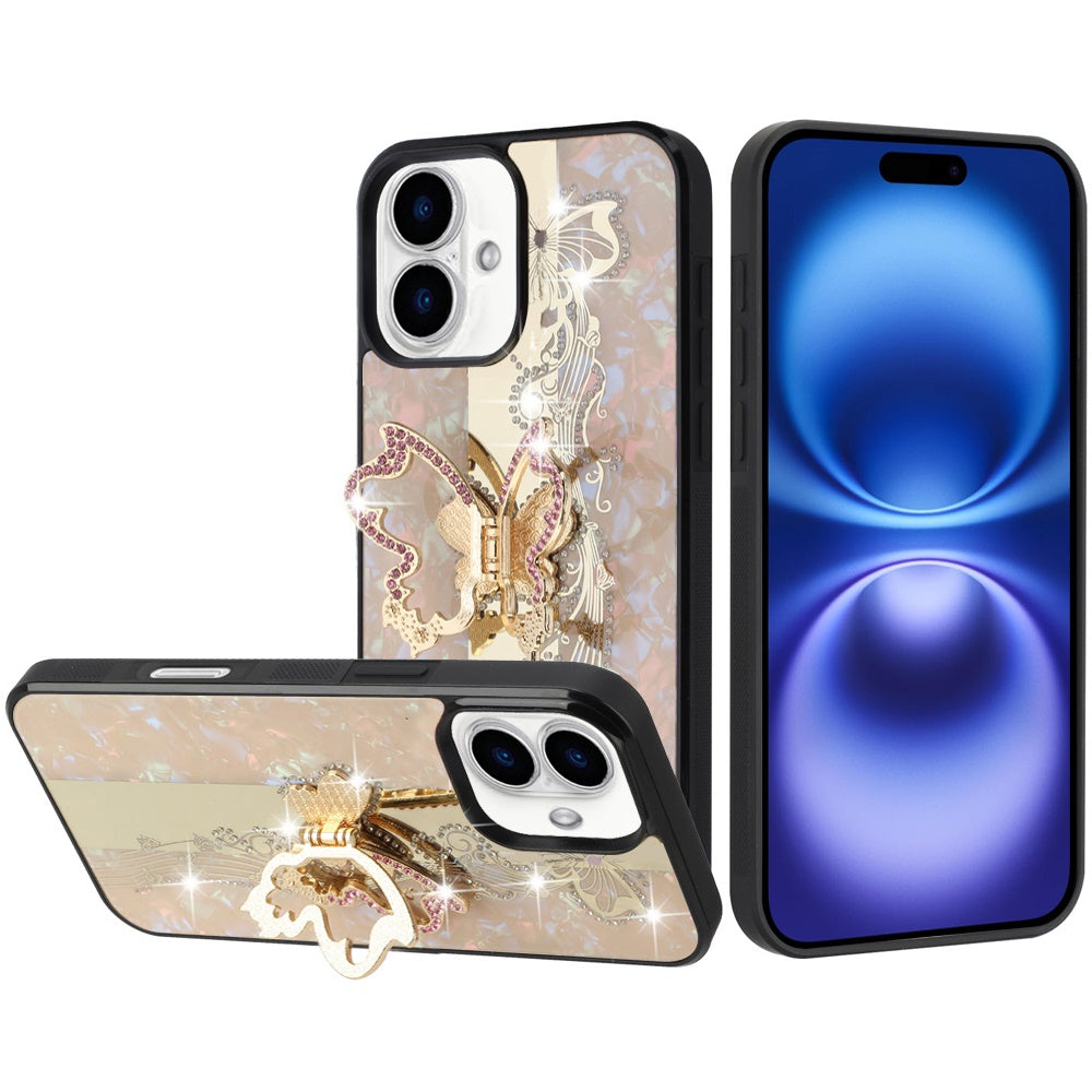 For Apple iPhone 17 (6.3") Diamonds 3D Fashion Bling Sparkly Glitter Ornaments Engraving Hybrid with Ring Stand Case Cover