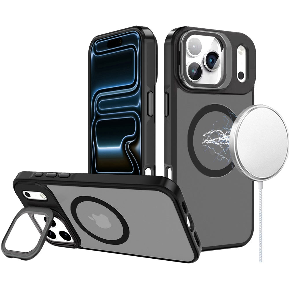For Apple iPhone 17 Pro (6.3") Tough HQ Hybrid Case with Aluminum Frame Camera Stand, Compatible with MagSafe, Translucent Matte Shockproof Case Cover Black