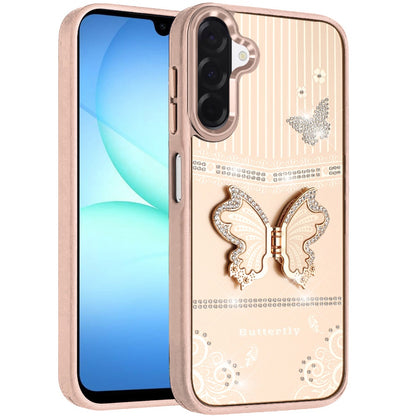 For Samsung Galaxy A17 5G Glitter 3D Butterfly Design Bling Metallic Edge Hybrid Stand Drop Protection TPU Shockproof Case Cover