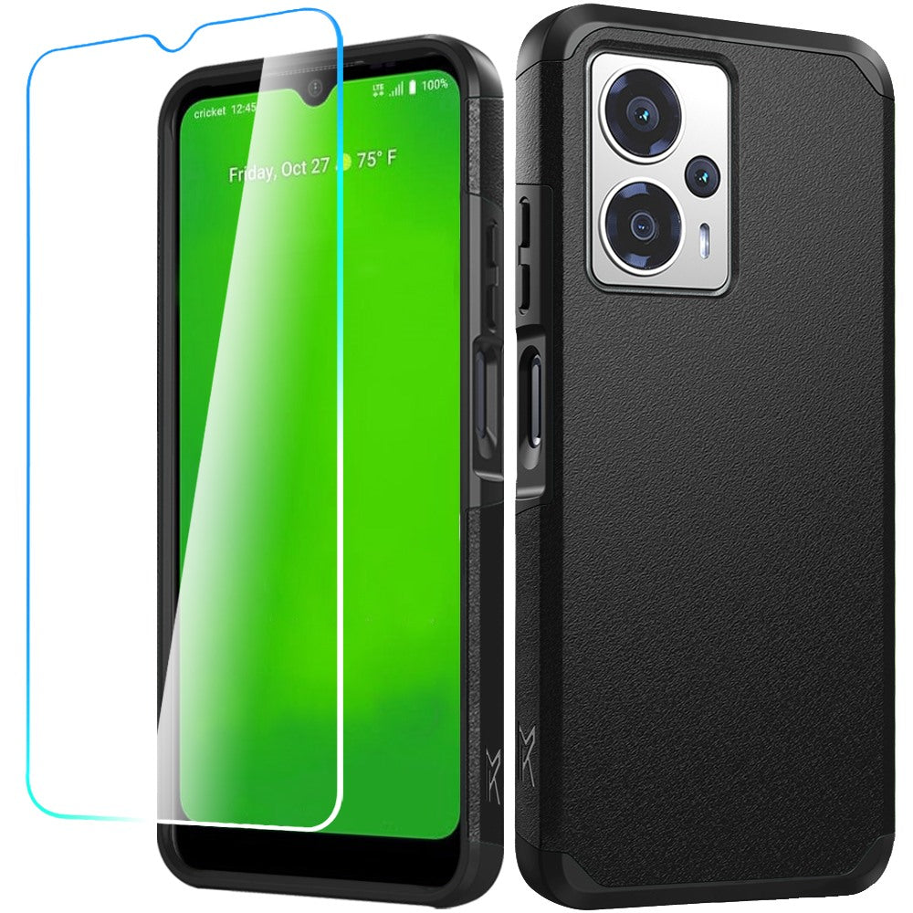 For Cricket Outlast 5G (2024) Tough Shock Absorption Hybrid Dual Layer Hard PC TPU Rubber with Screen Protector Tempered Glass Case Cover