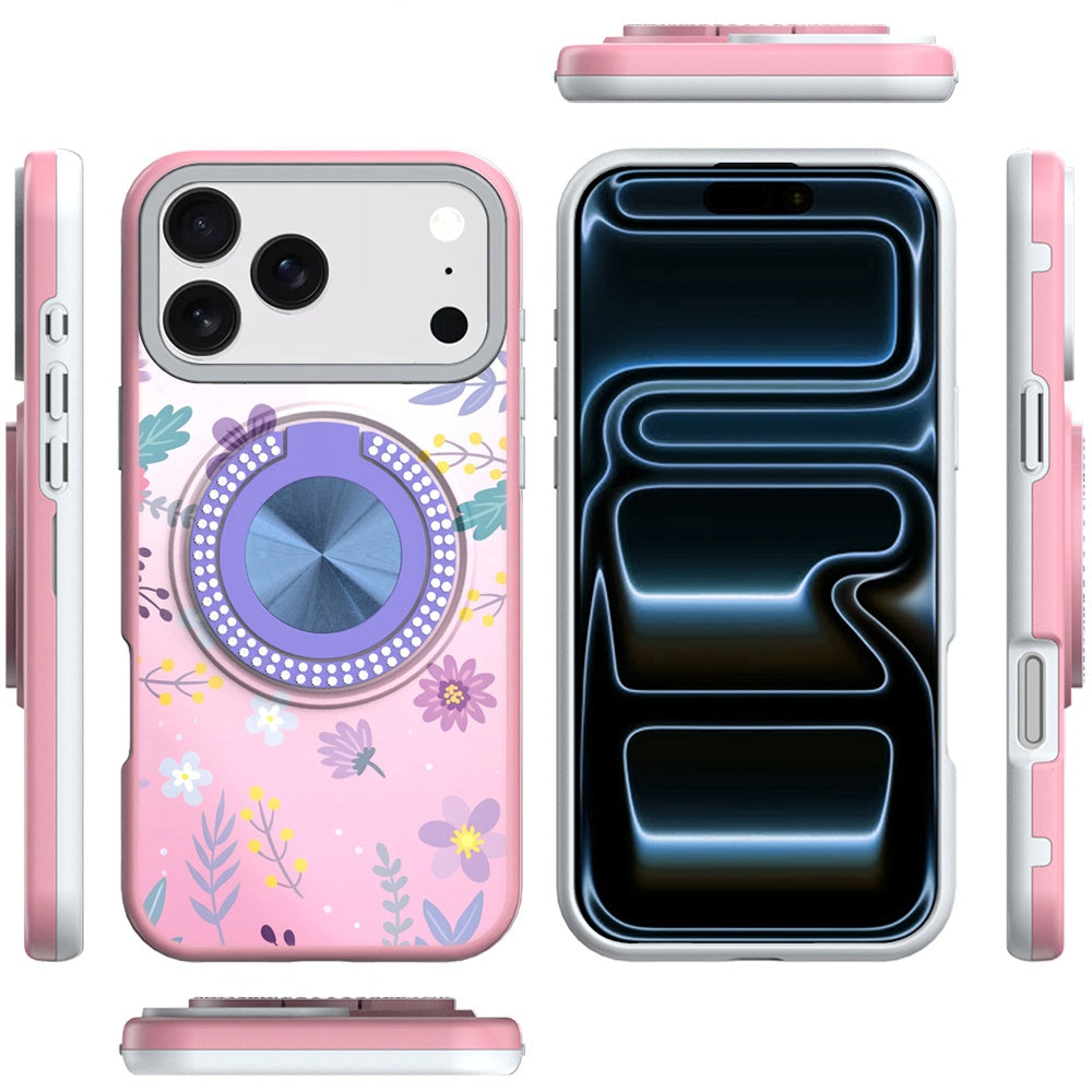 For Apple iPhone 17 Pro Pattern Design Hybrid with Invisible Ring Stand & Magnetic Back, Shockproof Protective Grip Case Cover