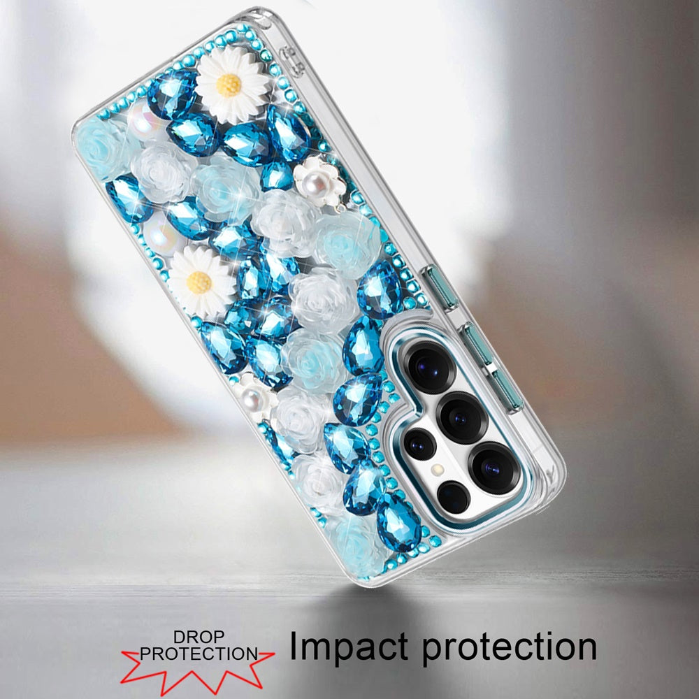 For Samsung Galaxy S25 Ultra Fashion Daisy Floral Series, Full 3D Bling Crystal Diamonds Sparkling Rhinestone Glitter Hybrid Design Case Cover Blue