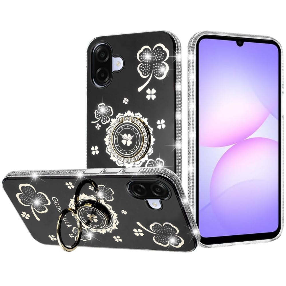 For Samsung Galaxy A07 Diamonds Bling All Around Edges Sparkly Glitter Hybrid with Ring Stand Holder Fashion Good Luck Case Cover