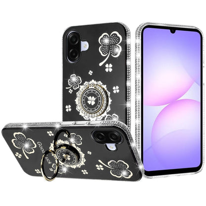 For Samsung Galaxy A07 Diamonds Bling All Around Edges Sparkly Glitter Hybrid with Ring Stand Holder Fashion Good Luck Case Cover