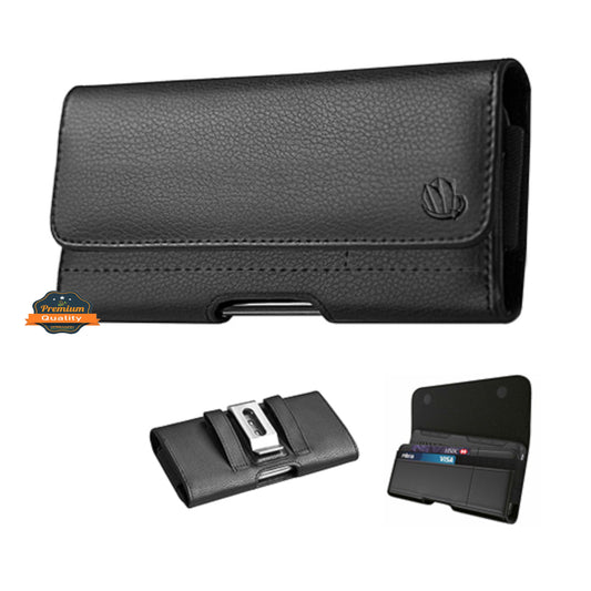 For Apple iPhone 16 (6.1") Universal Leather Horizontal Holster Pouch with Credit Card Slots Wallet & Belt Loop Clip Carrying (Fit up to 6.1" Screen) [Black]