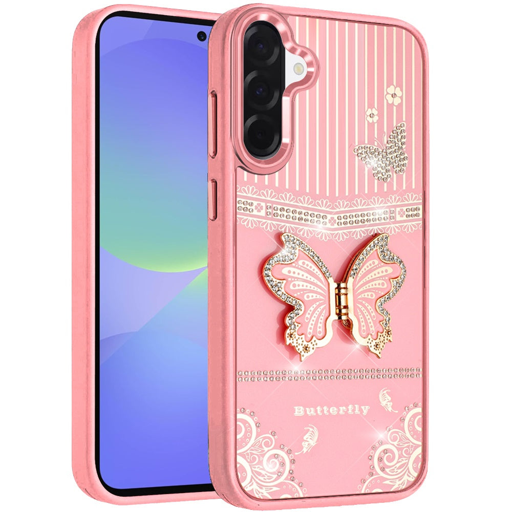 For Samsung Galaxy A37 Glitter 3D Butterfly Design Bling Metallic Edge Hybrid Stand Drop Protection TPU Shockproof Case Cover