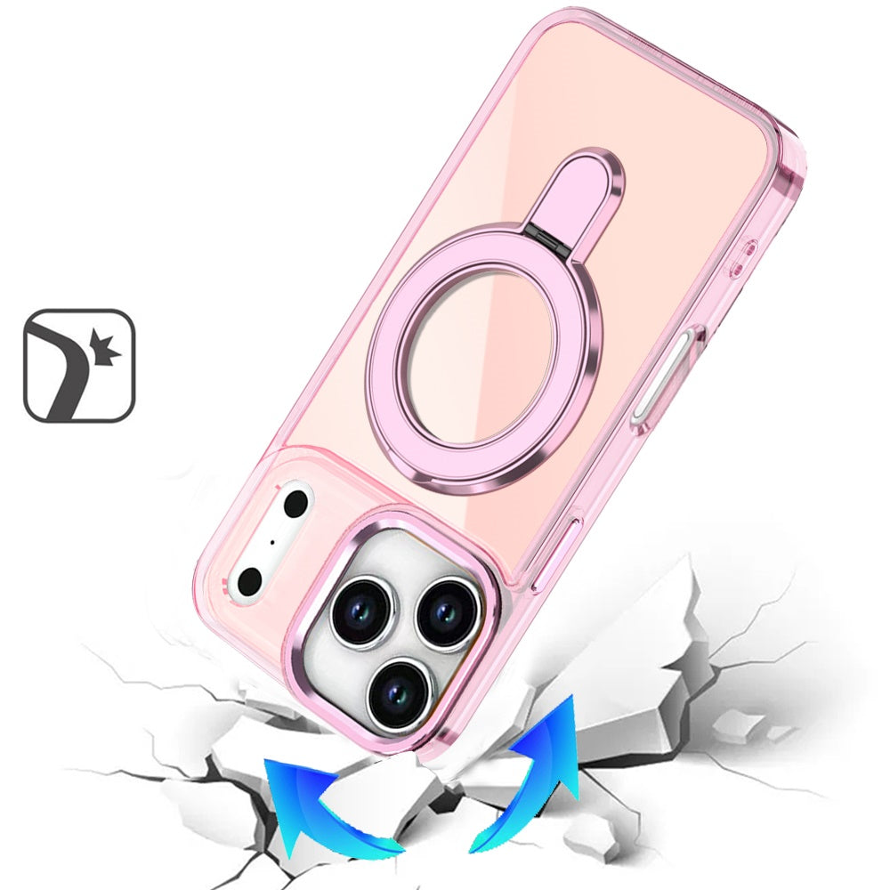 For Apple iPhone 17 Pro Max Chrome Hybrid with Rotating Magnetic Circle Ring Stand, Slim Shockproof Hybrid Case Cover