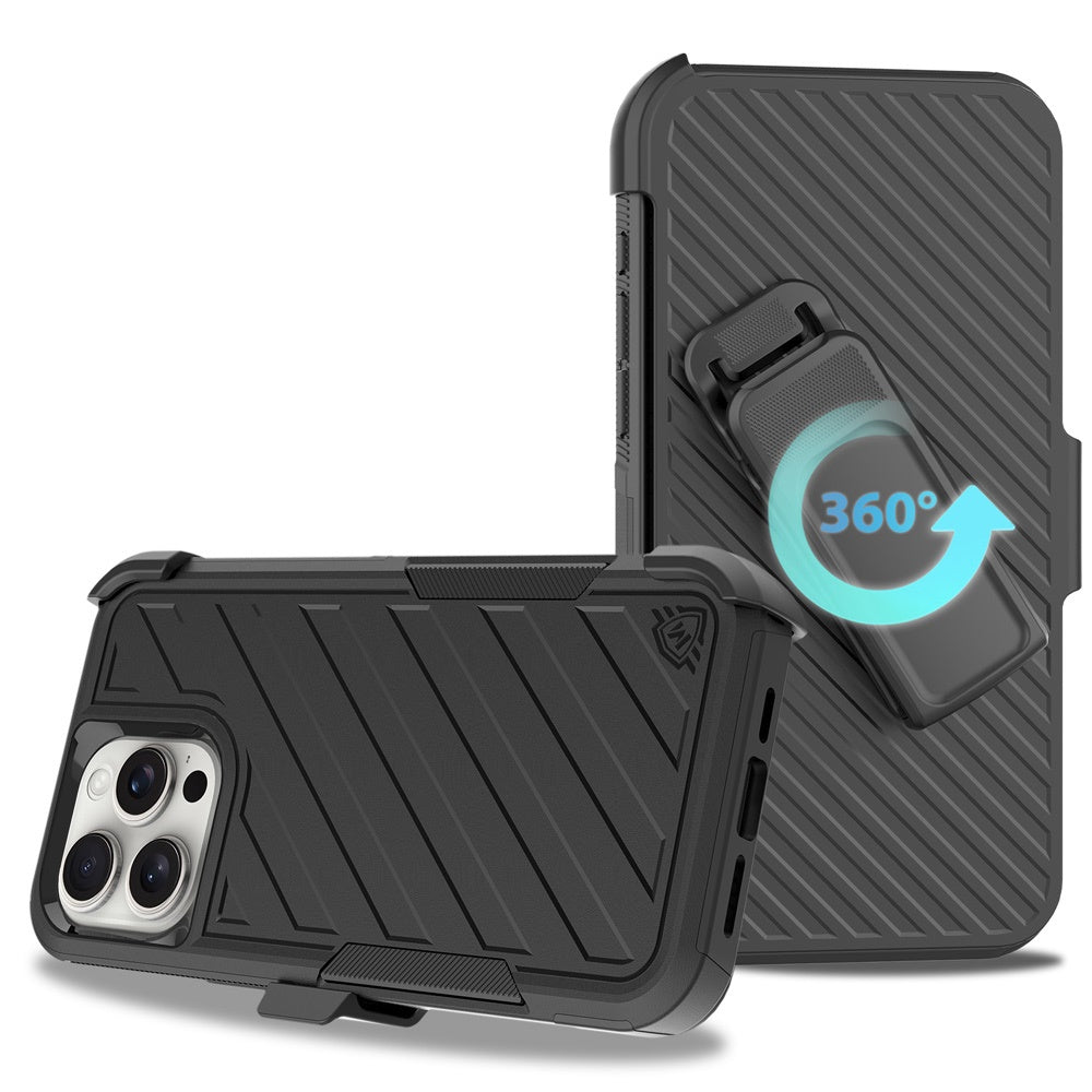 For Apple iPhone 16 Pro Max (6.9") Combo Hybrid lined with Belt Clip Holster Armor Shockproof Rugged Textured 2in1 Non Slip Tough Case Cover Black / Black