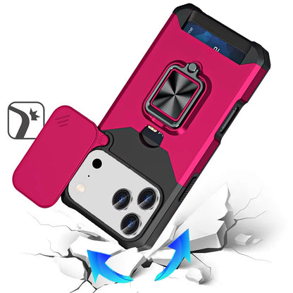 For Apple iPhone 17 Pro Max (6.9") Wallet Case with Ring Stand & Slide Camera Cover Back Credit Card Slot Holder, Military Grade Case Cover
