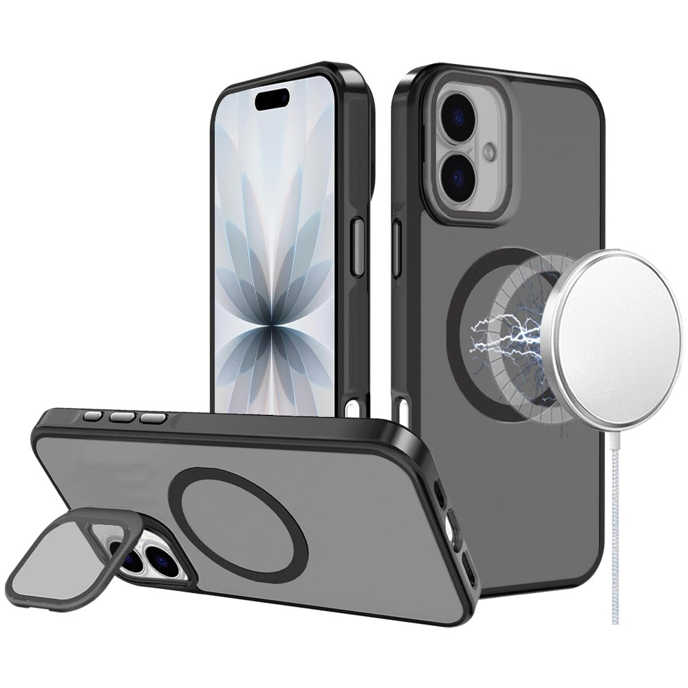 For Apple iPhone 17 (6.3") Tough HQ Hybrid Case with Aluminum Frame Camera Stand, Compatible with MagSafe, Translucent Matte Shockproof Case Cover Black