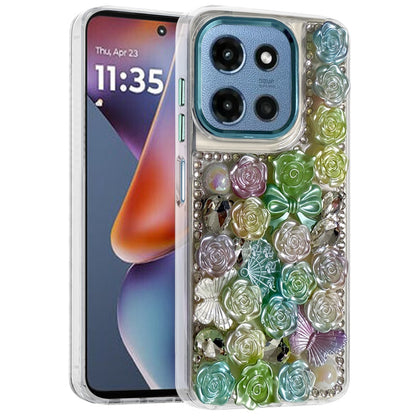 For Motorola Moto G Play 5G 2026 3D Diamond Floral Roses Flower Bling Stone Hybrid, Sparkly Rhinestone Gemstone Back Shockproof Case Cover