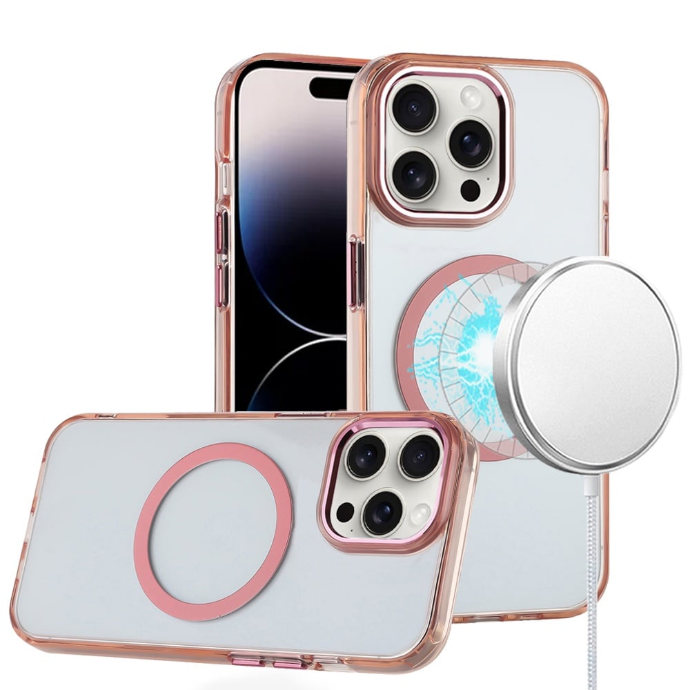 For iPhone 14 Pro Max (6.7") Transparent Back Hybrid Case - Magnetic Circle, Color Frame, Metal Buttons, MagSafe Compatible Case Cover