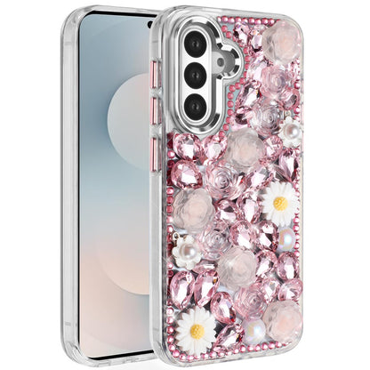 For Samsung Galaxy S25 FE, S25 Fan Edition Fashion Daisy Floral Series, Full 3D Bling Crystal Diamonds Sparkling Rhinestone Glitter Hybrid Design Case Cover Pink