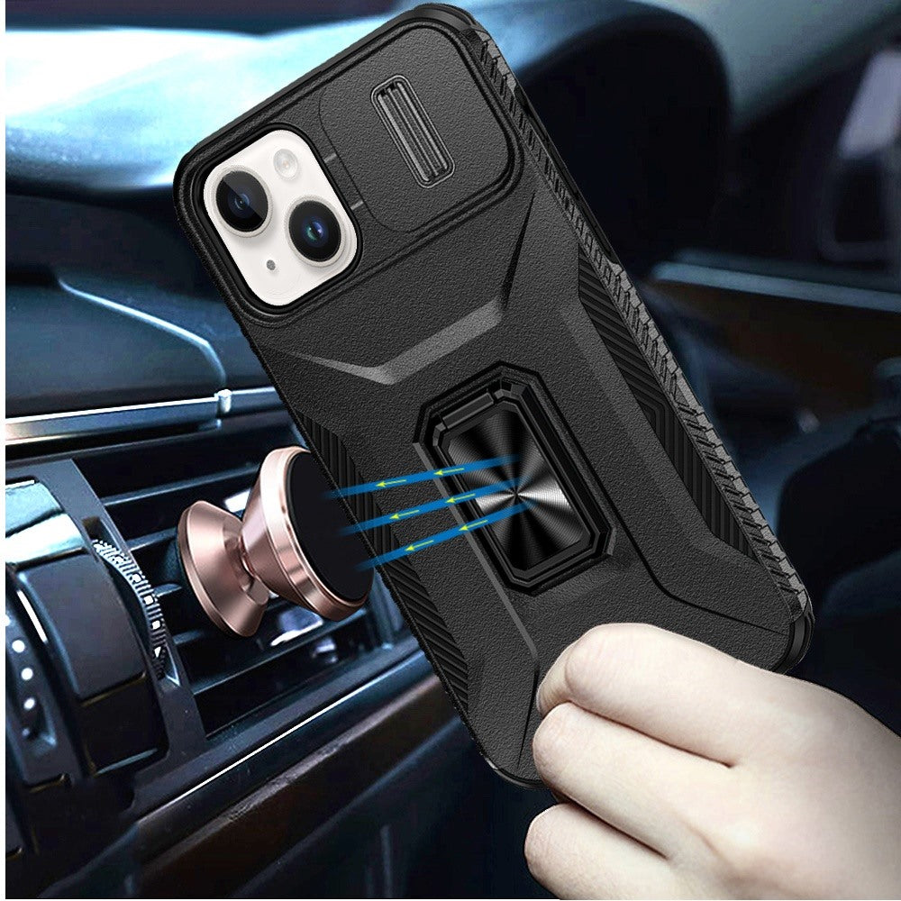 For Apple iPhone 15 (6.1") Camera Cover Phone Case with Magnetic Rotation Ring Stand [Military Grade] Hybrid Hard TPU Shockproof Case Cover Black