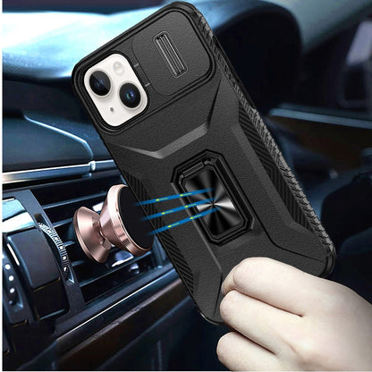 For Apple iPhone 15 (6.1") Camera Cover Phone Case with Magnetic Rotation Ring Stand [Military Grade] Hybrid Hard TPU Shockproof Case Cover Black