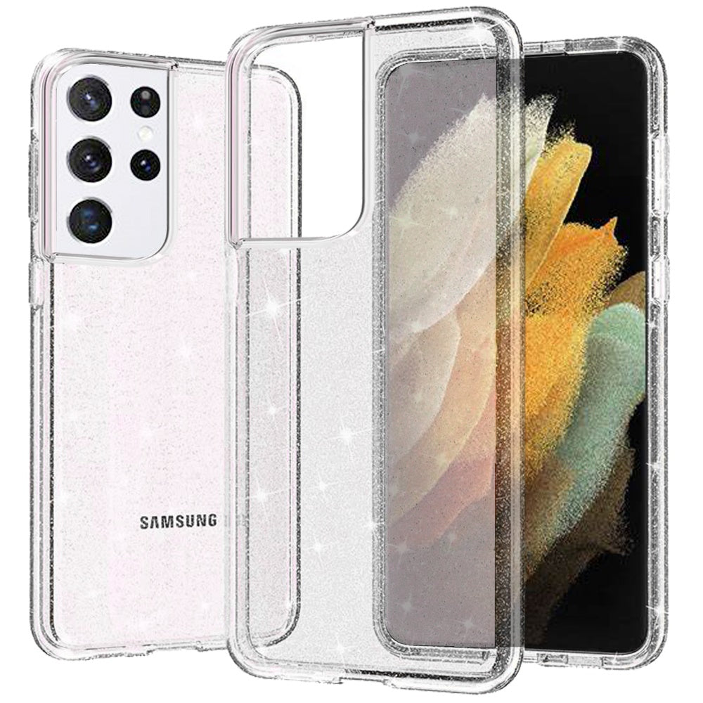 Phone Case for Samsung Galaxy S21 Ultra Glitter Transparent Shockproof Thick Clear Hybrid Slim Fit Heavy Duty 3mm TPU Protective Bumper Cover Clear