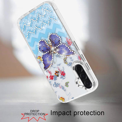 For Samsung Galaxy A36 Butterfly Resin Epoxy Diamond Design Metal Edged Hybrid Shockproof Heavy Duty Drop Protection Case Cover