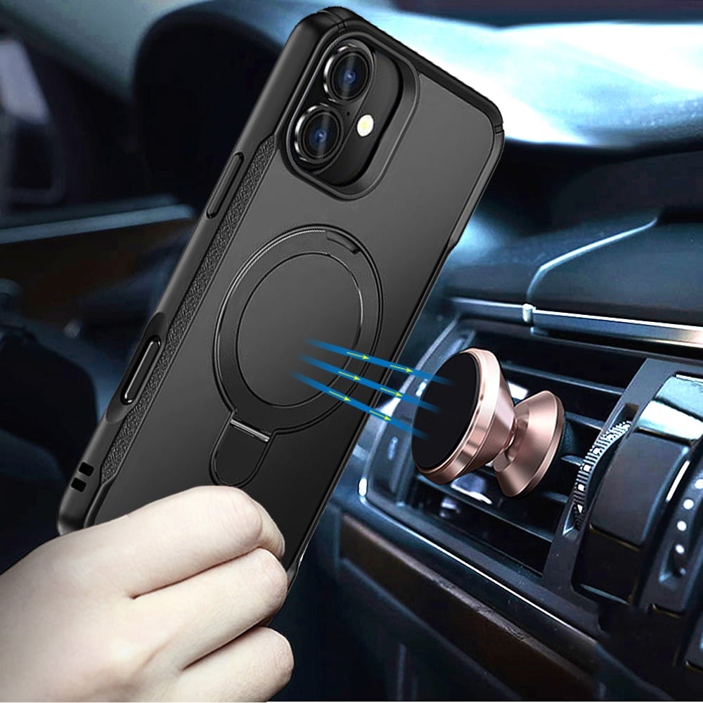 For Apple iPhone 17 (6.3") Matte Finish Magnetic Ring Hybrid Protective Invisible Kickstand Magsafe Compatible Case Cover Black