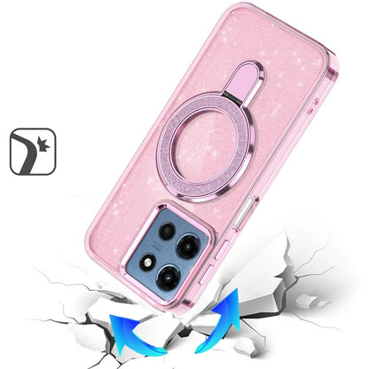 For Motorola Moto G 5G 2025 Transparent Glitter Bling Case with Rotating Magnetic Ring Stand, Shockproof Hybrid Case Cover