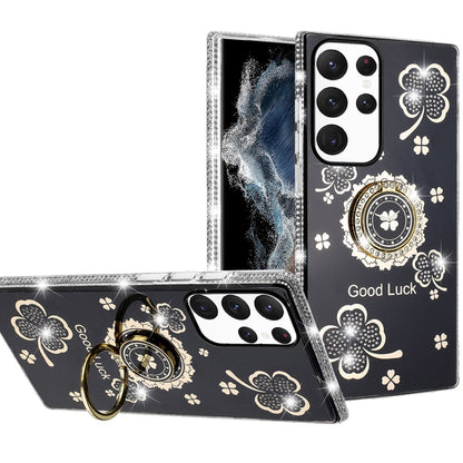 For Samsung Galaxy S22 Ultra Diamonds Bling All Around Edges Sparkly Glitter Hybrid Ring Stand Holder Fashion Good Luck Case Cover