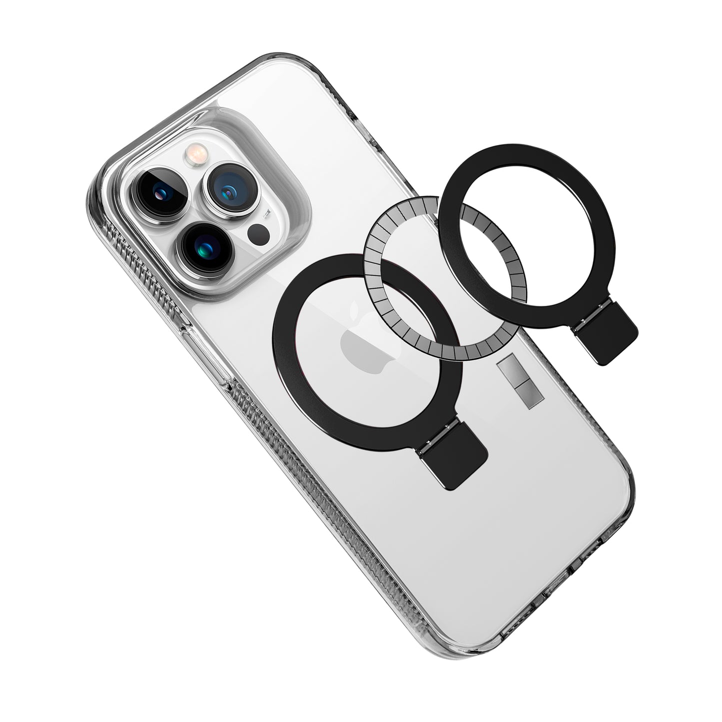 For Apple iPhone 17E /16E Transparent Magnetic Ring Circle Stand with MagSafe Compatible Hybrid Dotted Edged Hard PC Shockproof Case Cover Black