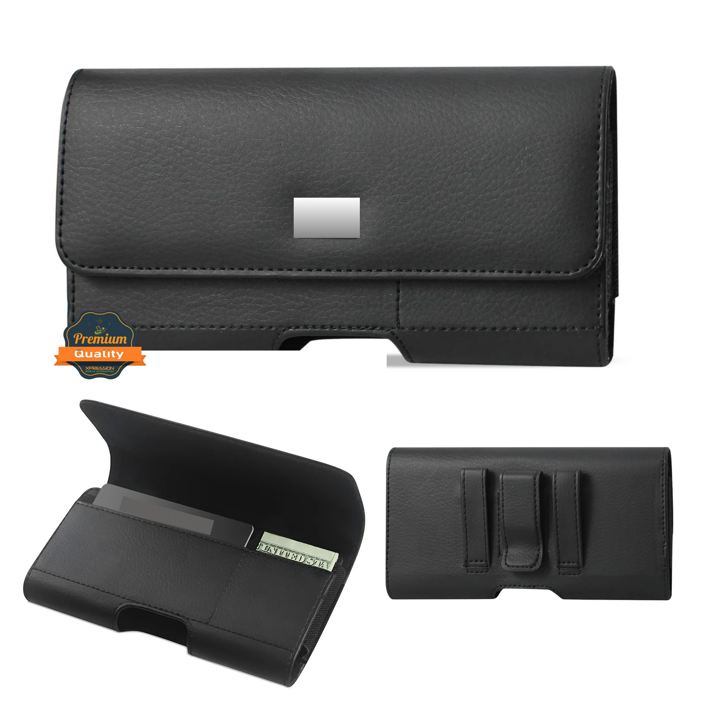 Universal Magnetic Leather Phone Pouch Case with Belt Clip, Card Slot Holder, Secure Magnetic Closure, Soft Lining Protection, Fits Most 5.7" - 6.3" Smartphones Case Cover Black