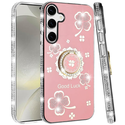 For Samsung Galaxy S25+ /S25 Plus /S24+ Plus Diamonds Bling All Around Edges Sparkly Glitter Hybrid with Ring Stand Holder Fashion Good Luck Case Cover