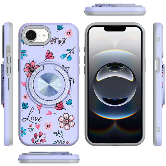 For Apple iPhone 16e Pattern Design Hybrid with Invisible Ring Stand & Magnetic Back, Shockproof Protective Grip Case Cover Love Flower