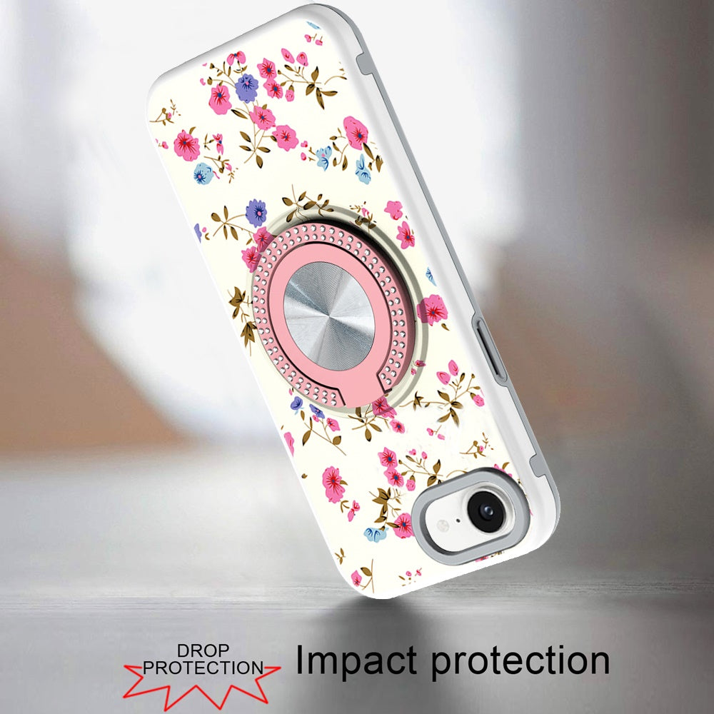 For Apple iPhone 16e Pattern Design Hybrid with Invisible Ring Stand & Magnetic Back, Shockproof Protective Grip Case Cover Mini Spring Flowers
