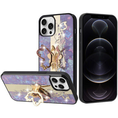 For Apple iPhone 12 Pro Max Diamond Bling Sparkly 3D Ornaments Engraving Hybrid with Ring Stand Fashion Case Cover Enchanted Butterfly Purple