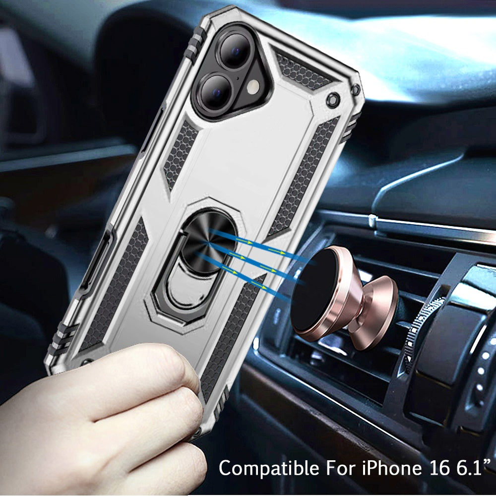 For iPhone 16 (6.1") Hybrid Shockproof Durable 360 Degree Rotatable Ring Stand Holder Kickstand Fit Magnetic Car Mount Case Cover Rose Gold