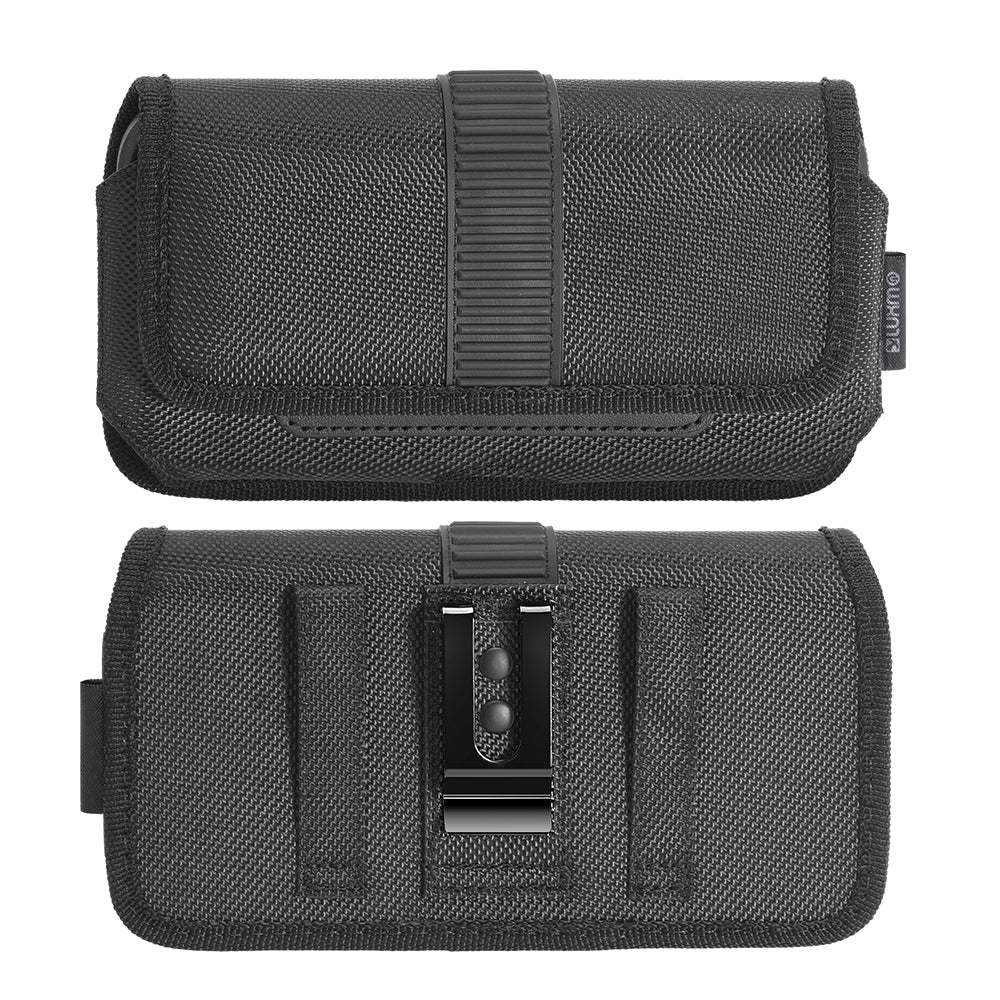 For Apple iPhone 16 Pro (6.3") Universal Horizontal Nylon Phone Case Carrying Pouch Cover with Card Storage Pocket & Belt Clip Loop Holster Front Grip [Black]