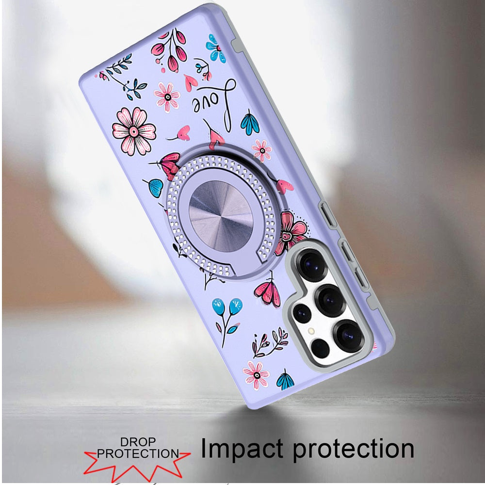 For Samsung Galaxy S25 Ultra Pattern Design Hybrid with Invisible Ring Stand & Magnetic Back, Shockproof Protective Grip Case Cover