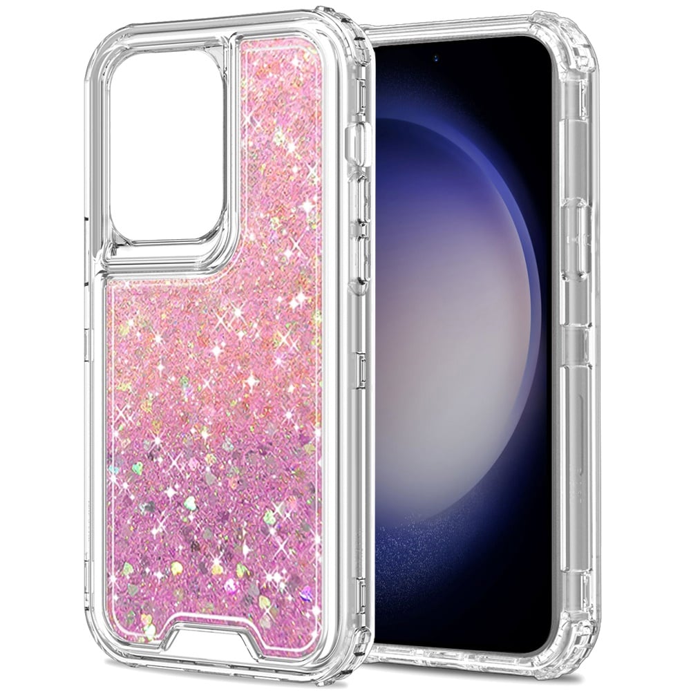 For Samsung Galaxy S24 Epoxy Bling Glitter Sparkly 3-in-1 Transparent Hybrid Full-Body Shockproof PC Bumper Case Cover Pink + Light Blue