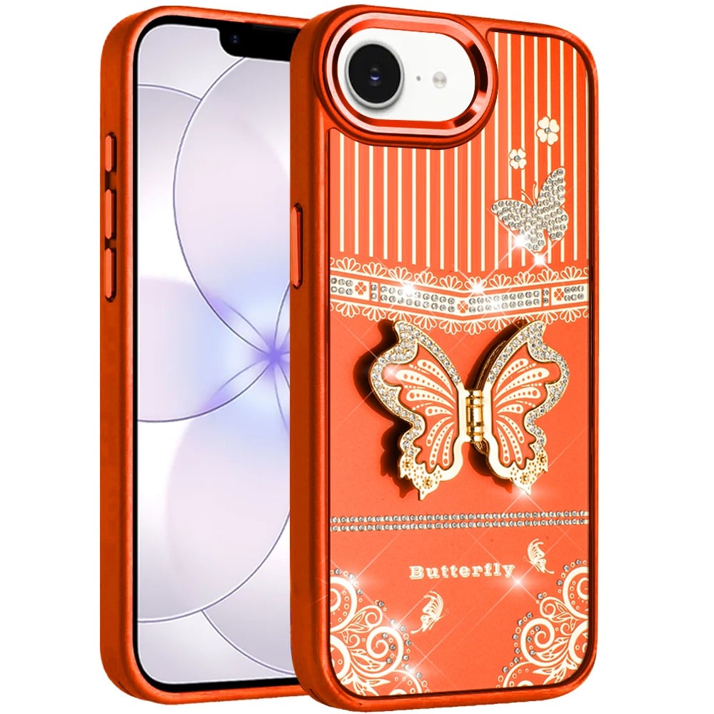 Phone Case for Apple iPhone 17E /16E Glitter Bling Butterfly Stand Metallic Edge Hybrid Shockproof Grip Durable Camera Protection Stylish Design Cover Cosmic Orange
