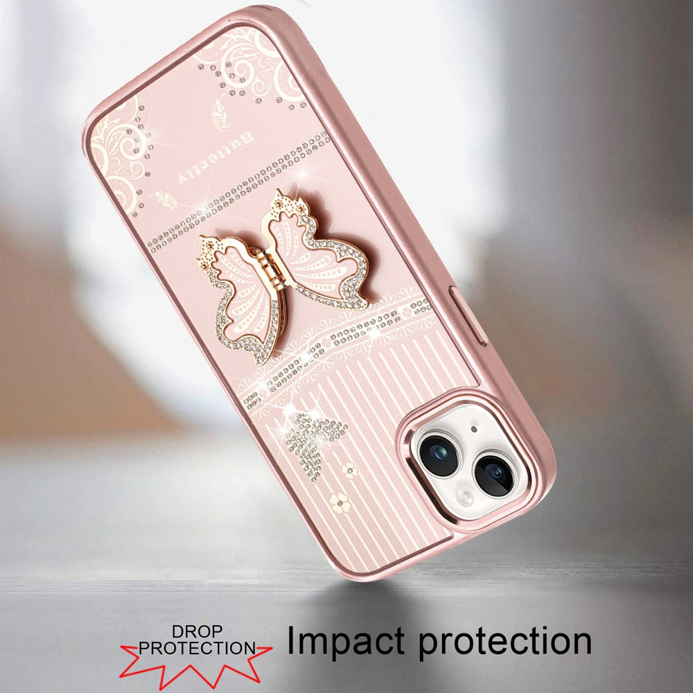 Phone Case for iPhone 15 (6.1") Glitter Bling Butterfly Stand Metallic Edge Hybrid Shockproof Grip Durable Camera Protection Stylish Design Cover Rose Gold