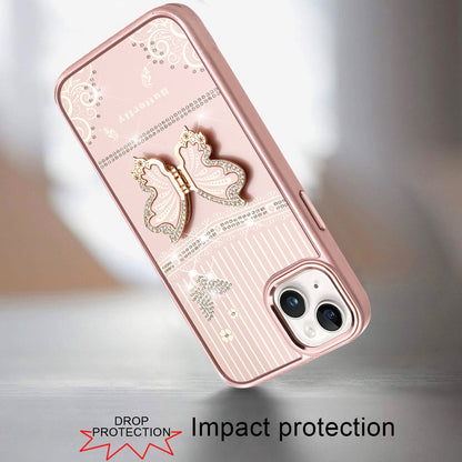 Phone Case for iPhone 15 (6.1") Glitter Bling Butterfly Stand Metallic Edge Hybrid Shockproof Grip Durable Camera Protection Stylish Design Cover Rose Gold